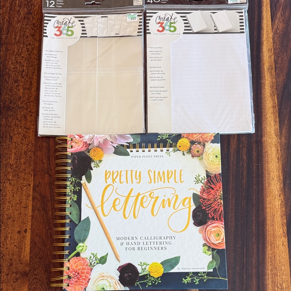Pretty Simple Lettering book, Happy Planner 40 sheet pack & 12 page protectors